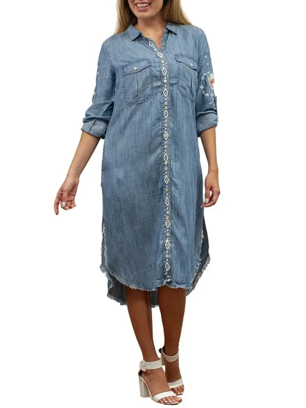 Karyn Seo Floral Embroidered Long Sleeve Button Front Denim Dress - Picture 4 of 5